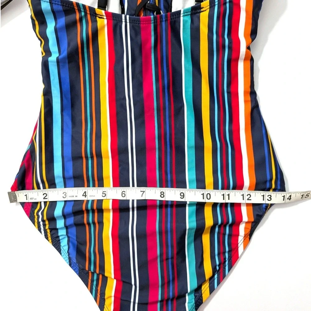 Nautica Womens Slimming Lace Up One Piece Swimsuit Multicolor‎ Stripe Small NWT
